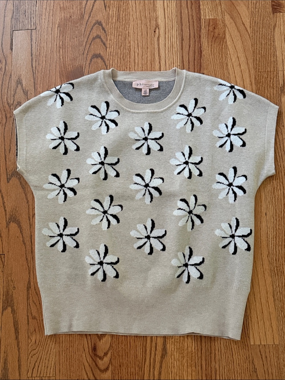 Philosophy  Floral Knit Short-Sleeve Sweater - Cream/Black